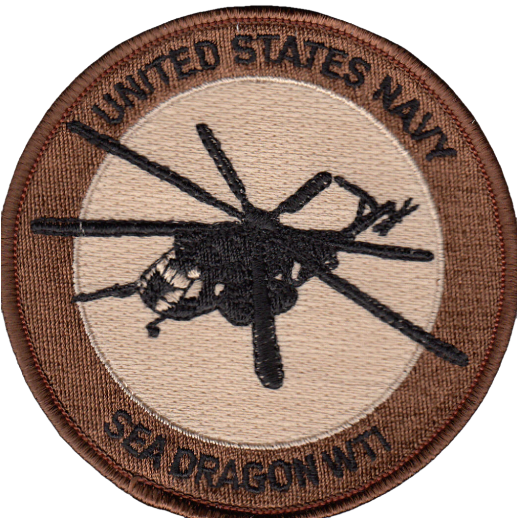 Brown patch with darker brown border. Helicopter in center with text "US Navy" above and "SeaDragon WTI" below. 