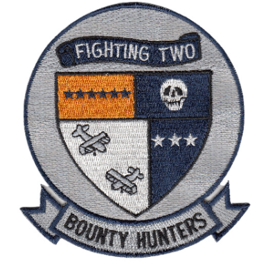 Circle patch with bottom banner with text "bounty hunters". Grey background with dark blue outline.
