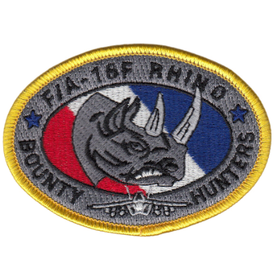 Rhino Patch with red, white, and blue background and yellow border.