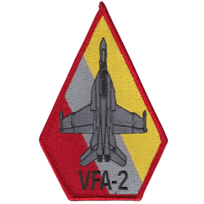 Red border with red, grey, and yellow stripe behind grey plane with VFA-2 text at bottom.