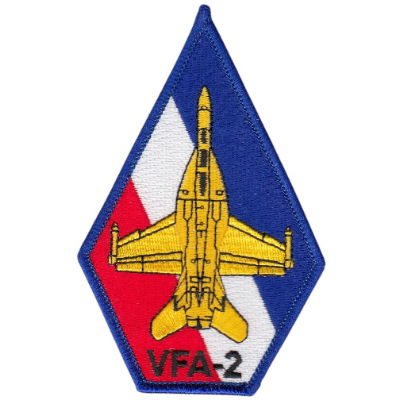 Blue Border with Red, white and blue stripe behind yellow plane with VFA-2 text at bottom.